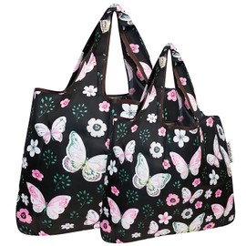 allydrew Large & Small Foldable Tote Nylon Reusable Grocery Bags, Set of 2, Midnight Butterfly