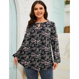 TFSDOD Plus Size Long Sleeve Flowy Tops for Women Dressy Pleated Tunic Blouse Oversized Work Shirts Black Pink Floral 2XL
