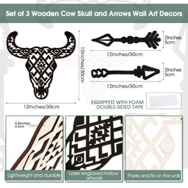 Blulu 3 Pieces Western Cow Skull Wall Decor Wooden Bull Skull Signs Longhorn Skull Wall Art Cow Horns Decoration for Wall Rustic Wood Arrows Wall Decors for Bedroom Room Farmhouse Display(Black)