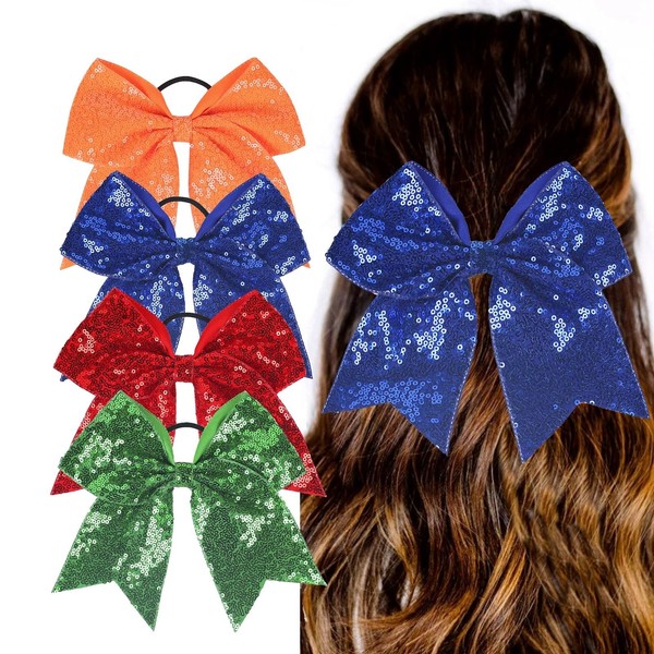 Nishine 4 Pieces 8 Inch Sequin Cheer Bows Teens Elastic Ponytail Holder Hair Bows Women Hairband (Sapphire Pack)