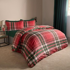 OHS Double Duvet Set, Super Soft Cosy Warm Luxurious Festive Red Tartan Checkered Pattern Traditional Christmas Bedding Reversible Double Duvet Cover & Pillowcases