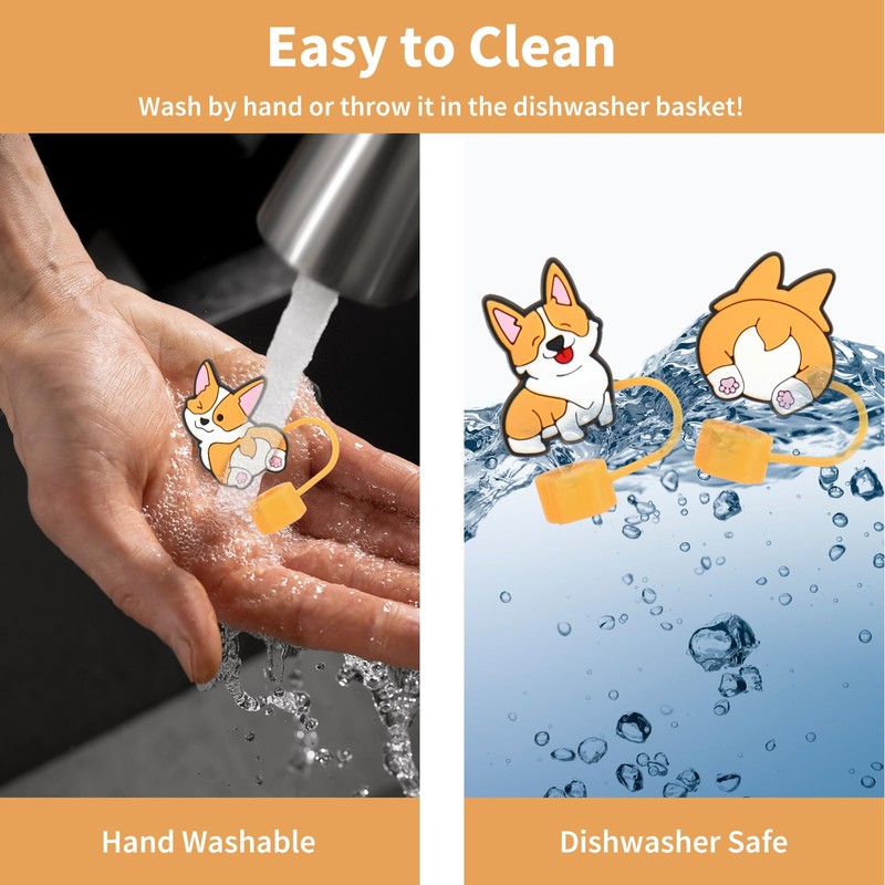 Whaline 4Pcs Corgi Straw Cover Cap Cute Dog Reusable Silicone