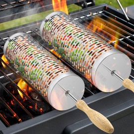 Rolling Grill Baskets,【2025Upgraded】 2Pcs Rolling BBQ Basket with Removable Wooden Handle,BBQ Accessories Tools for Vegetables Shrimp,Outdoor Cooking Camping,Gifts for Men Dad (2 Pcs Rectangle)