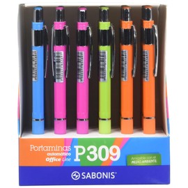 Portaminas P309 Sabonis Retractil Cuerpo Fluorescente Caja Exhibidora con 24 Piezas 2.0MM