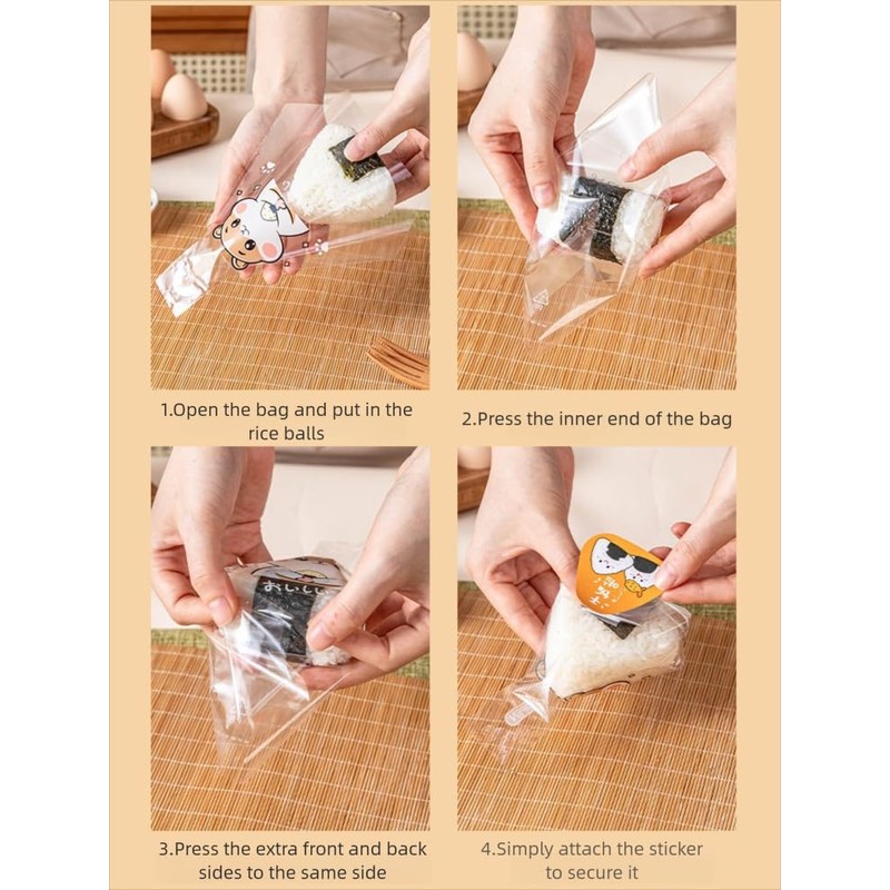 100-Pack Onigiri Wrappers with Stickers - Food Grade Plastic Musubi