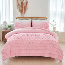 PERFEMET Pink Twin Comforter Set for Girls Boho Ruffle Princess Bedding Set Multi Layers Ruffled Kids Bed Sets Washed Microfiber Farmhouse Fluffy Bed Comforter Set for Bedroom (Pink,Twin)