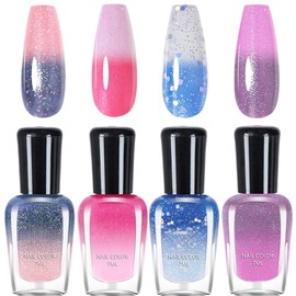NovaCharm Thermal Color Changing Nail Polish Set 4 Colors, 7ML Quick Dry Air Dry Nail Polish Kit, Glitter Temperature Change Nail Polish, No UV Lamp Needed Glossy Fingernail Polish Set for Nail Art