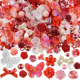 kikonoke 350 Pieces 3D Resin ABS Colorful Rose Flower Bows Butterfly Charms with Flatback Half Round Pearl Beads for Bracelet Earring Necklace Craft DIY Making Supplies (Red)