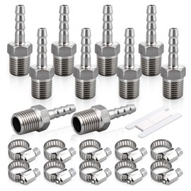 Bwintech Pack of 10 Stainless Hose Fittings, 1/8 Inch BSP Male x 6 mm Hose Connector with 10 Pieces Clamps
