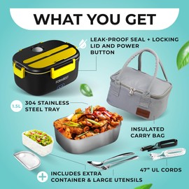 Heated Lunch Box – 80W Electric Lunch Box for Adults, 12V/24V Car & Truck + 110V/220V for Office & Travel – On/Off Switch, Portable Food Warmer with 1.5L Stainless Steel Tray, Large Utensils & Bag