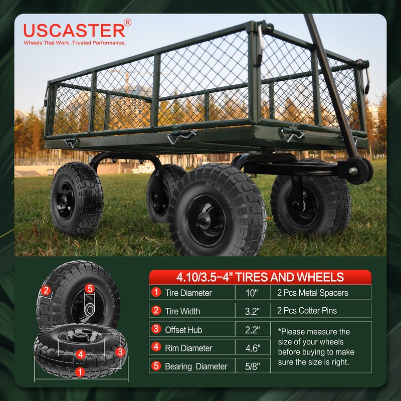 USCaster 4.10/3.50-4 Tire and Wheel Flat Free,10-Inch Solid Wheel Replacement
