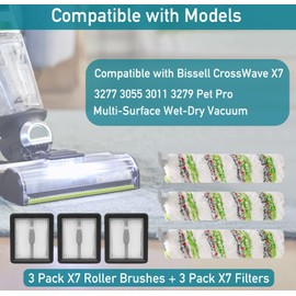 6 Pack Brushes and Filters Replacement Compatible with Bissell Crosswave X7 Pet Pro 3279 3277 3011 3055 Multi-Surface Wet-Dry Vacuum, 3 Roller Brushes, 3 HEPA Filters, 1 Cleaning Brush