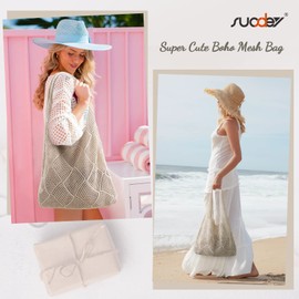 SUOSDEY Crochet Beach Tote Bag for Women, Aesthetic Mesh Shoulder Bag, Summer Boho Checkered Handbag beige