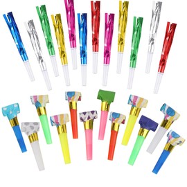 24PCS Party Noisemakers Set in 2 Styles, Funny Paper Blowouts Blowers, Colorful Glitter Fringed Metal Blowouts, Fiesta Decorations Party Favors Supplies for New Year Birthday Kids Party