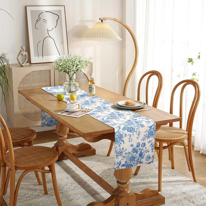 Dremisland Blue Table Runner Farmhouse 55 Inch Retro Monochrome Sketch