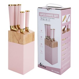HENLUTUO Pink Titanium-Plated Knife Set 7-Piece - Professional Kitchen Knives with Chef/Slicing/Utility/Honing Steel - Rose Gold Blades + Wooden Stand, Luxury Gift Box (Pink)