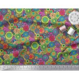 Soimoi Cotton Canvas Fabric Colorful Flowers Clip Art Decor Fabric Printed metre 56 Inch Wide