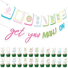 KARAQY Mahjong-Themed Party Decoration Set, Mahjong Party Banner and 24 Pcs Cupcake Toppers for Birthdays and Celebrations