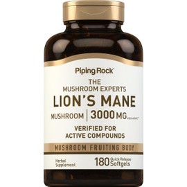 Piping Rock Lions Mane Supplement | 3000mg | 180 Softgel Capsules | Mushroom Fruiting Body Extract | Non-GMO, Gluten Free