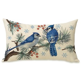 Fahrendom Winter Bluebird Lumbar Decorative Rectangle Pillow Cover 12 x 20, Blue Jay Pine Needle Branch Porch Patio Outdoor Pillowcase, Christmas Red Berry Snowflake Sofa Couch Cushion Case Home Decor