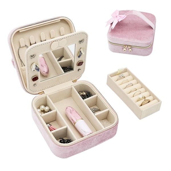Cuifdem Travel Jewelry Case With Mirror Zipper, Velvet Small Jewelry