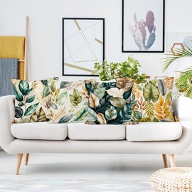 Uiiooazy Cushion Cover, Blue Leaves, Cushion Covers, Colourful Plant Motif, Decorative Square Cushion Cover, Velvet Decorative Cushion Cover for Sofa, Couch, Bedroom, Living Room, Car, Cafe, Home, Set