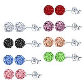 CPSLOVE Women's Colourful Crystal Ball Earrings 925 Sterling Silver Stud Earrings with Rhinestones for Girls Jewellery Set of 8 Pairs, 2017, Cubic Zirconia
