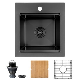LQS Black Bar Sink, 16" x 18" Black Small RV Kitchen Sink, 16 Gauge Workstation Bar Sinks, Small Single Bowl Kitchen Sinks with Cutting Board and Accessories