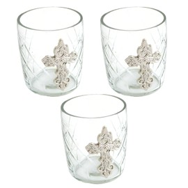 Silver Cross on Glass Cup, Votive Candle Holder. - Set of 3