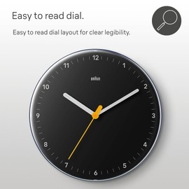 Braun Classic Analogue Wall Clock with Silent Sweeping Quartz Movement, Easy to Read, 23cm Diameter in Black, Model BC26B.