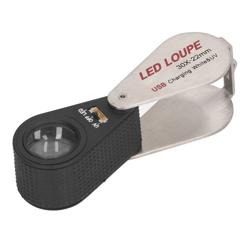LED UV Loupe Rechargeable Foldable Portable Metal 30X Pocket Magnifier