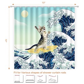 Funny Cat Shower Curtain, Surfer Cat Shower Curtain Battle Blue Ocean Great Wave for Bathroom with 12 Hooks, Polyester Fabric Summer Shower Curtains Set Waterproof Kids Bath Shower Curtain Decorative