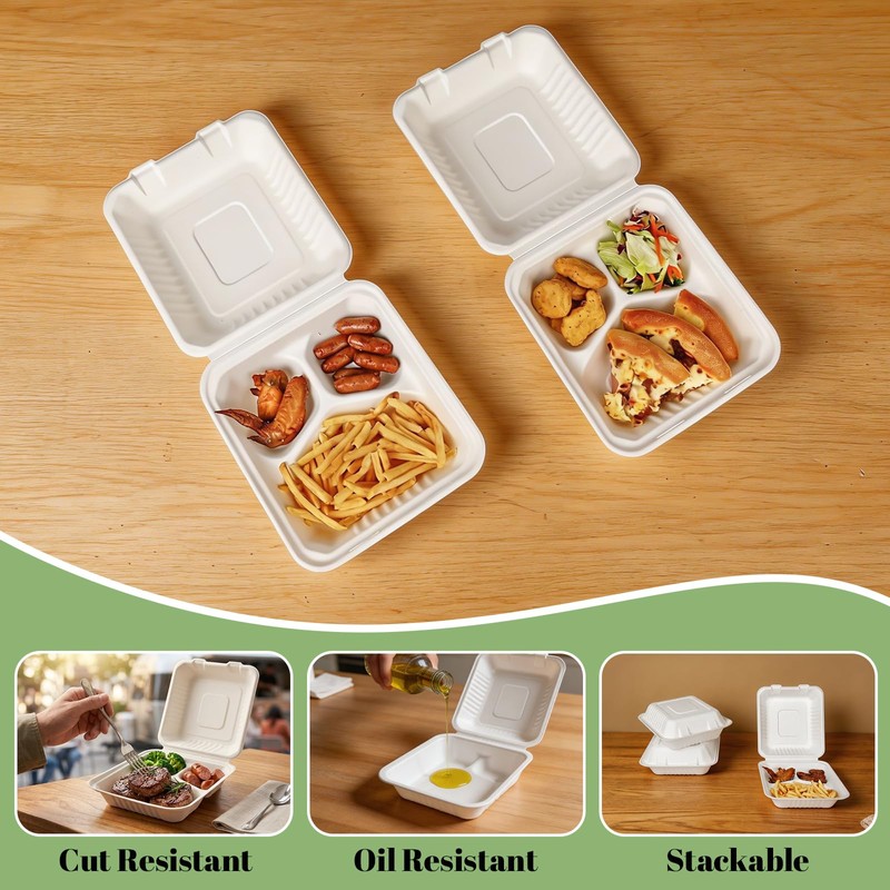 100 Pack 8×9 Inch 3-Compartment Compostable Bagasse Food Containers