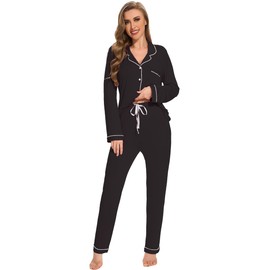 Yoolfine Button Up Pajamas for Women, Long Sleeve Sleepwear Soft Loungewear Ladies Pjs Set, Black With White Piping, Large