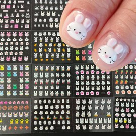 30Pcs Easter Nail Art Stickers Cute Cartoon Bunny Nail Decals 3D Self Adhesive Nails Art Supplies Glitter Rabbit Star Heart Flower Nail Design Sticker for Women DIY Easter Nail Decorations Accessories