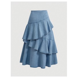 SHENHE Women's Layered Ruffle Denim Maxi Skirt A Line High Waist Flowy Long Jean Skirt Light Wash Large