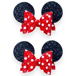 Minnie Mouse Ears Girls Glitter Hair Bows Clips Slides Grips 3.5" Inch Handmade 2pcs Red Polka Dot