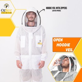 3-Layer Ventilated Beekeeping Suit with Fencing Hoodie Veil & Round Veil, Sting-Proof, Lightweight, Durable, Includes Goatskin Leather Gloves (2XL)