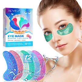 Eye Pads, 12 Pairs Eye Gel with Natural Sea Collagen and Hyaluronic Acid, Pearl Eye Mask for Puffy Eyes and Dark Circles and Eye Bags, Anti-Aging Eye Patches, Wrinkle Reduction