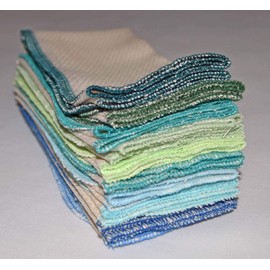 Gina's Soft Cloth Shop 1 Ply 11x12 Inches Natural Unbleached Birdseye Paperless Towel Set of 10 Assorted Blues and Greens- Proudly Made in the USA!