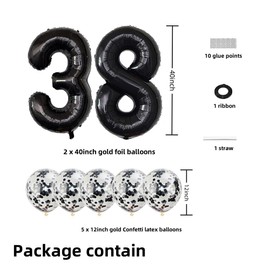 Black 38 Foil Balloons 40" Jumbo Foil Balloons Confetti Balloons for 38th Birthday Wedding Anniversary Party Decorations