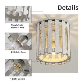 Rustic Flush Mount Ceiling Light, Farmhouse Wood Cage Semi Flush Mount Light for Entryway, Kitchen, Dining Room, White