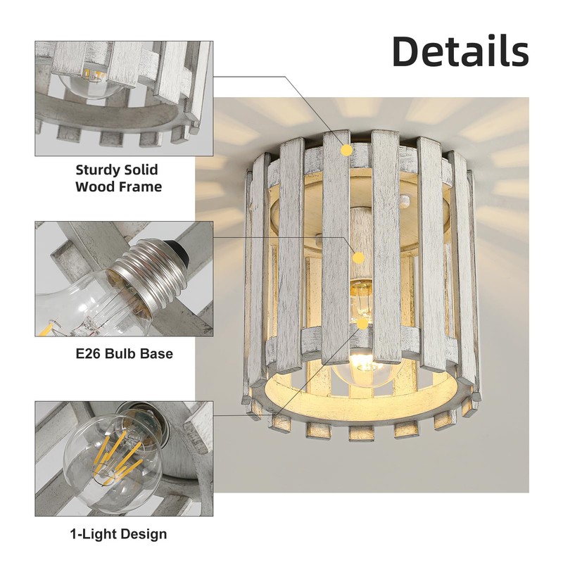 Rustic Flush Mount Ceiling Light, Farmhouse Wood Cage Semi Flush