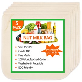 5 Pack Nut Milk Bag 15"x15", Cheesecloth bags for Straining Reusable, 100% Unbleached Cotton Cloth, Almond/Oat/Soy Milk Strainer, Filter Bag for Cheese/Yogurt/Juice/Cold Brew Coffee Wine/Soup/Herbs