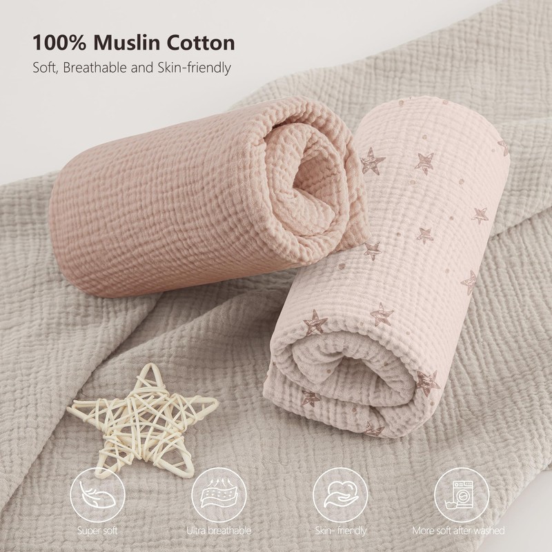 Bearmoss Muslin Cot Sheets 100% Cotton Baby Bed Sheets Soft&Breathable