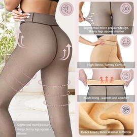 Joligiao Thermal Tights for Women Fleece Winter Tights Fake Translucent Thermal Tights Pantyhose High Waist Warming Fleece Tights, Coffee Sheer - Skin Fleece