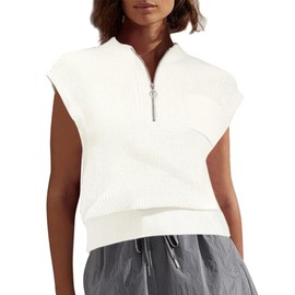 GoyRrbay Women Sleeveless Knit Zip Sweater Vest Loose Fit Mock Neck Casual Tank Top with Front Pocket White