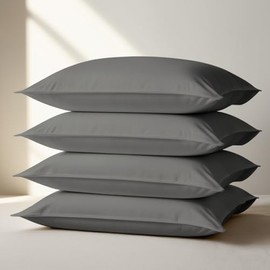 100% Egyptian Cotton Pillowcases - 200 Thread Count, Super Soft & Durable, Standard Size (50cm x 75cm), Pack of 4, Breathable & Easy Care, Envelope Closure (Charcoal)