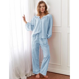 Flygo Womens Gingham Pajama Set 2 Piece Cotton Plaid Raglan Sleeve Button Top Straight Leg Pants Pjs Y2K Lounge Set Sleepwear(Blue-XL)