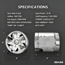 SunStream 4 Inch 100 CFM Inline Booster Duct Fan Ventilation HVAC Exhaust Fan with Low Noise for Basements, Bathrooms, Kitchens and Workshops
